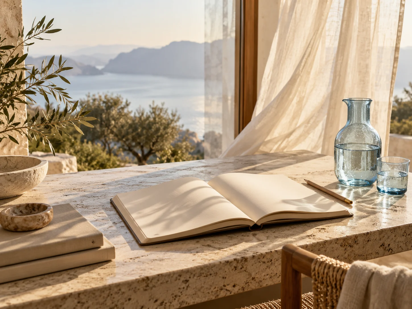 Open workbook in a quiet sunlit study space